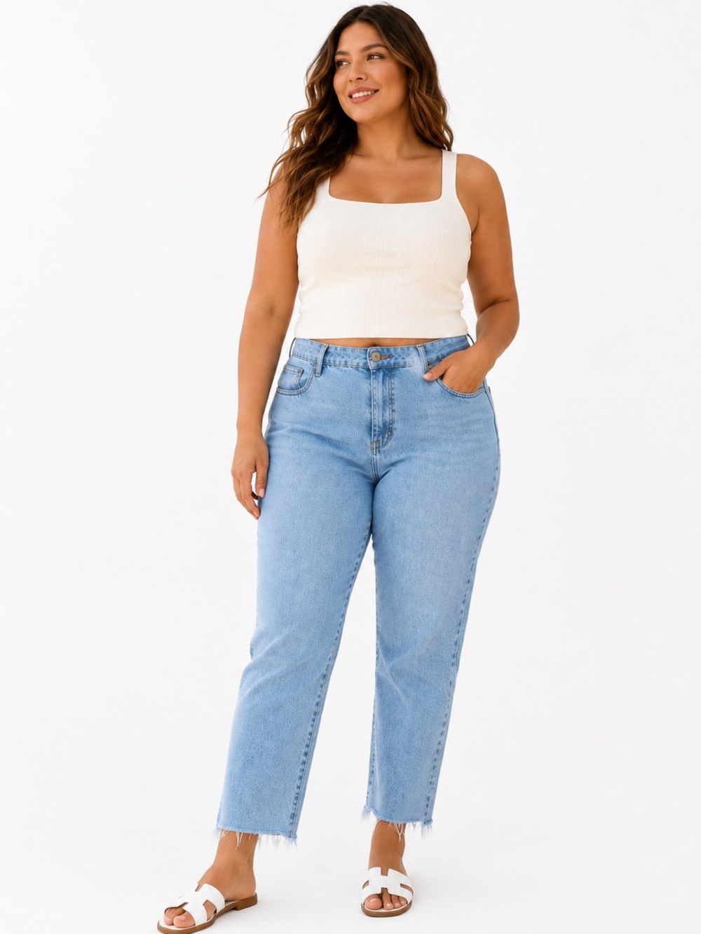 Good American The Weekender Jeans Women's size 14/32 Blue Straight Leg Raw Hem